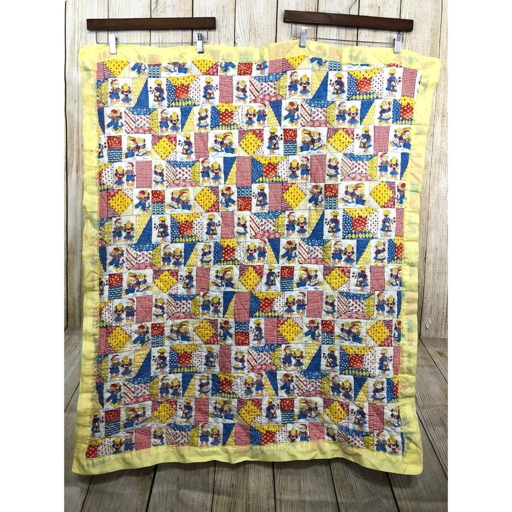 Vtg Baby Blanket Quilt Satin Trim 38" x 45" Rag Doll Theme‎ Smocked Smocking - Picture 2 of 12
